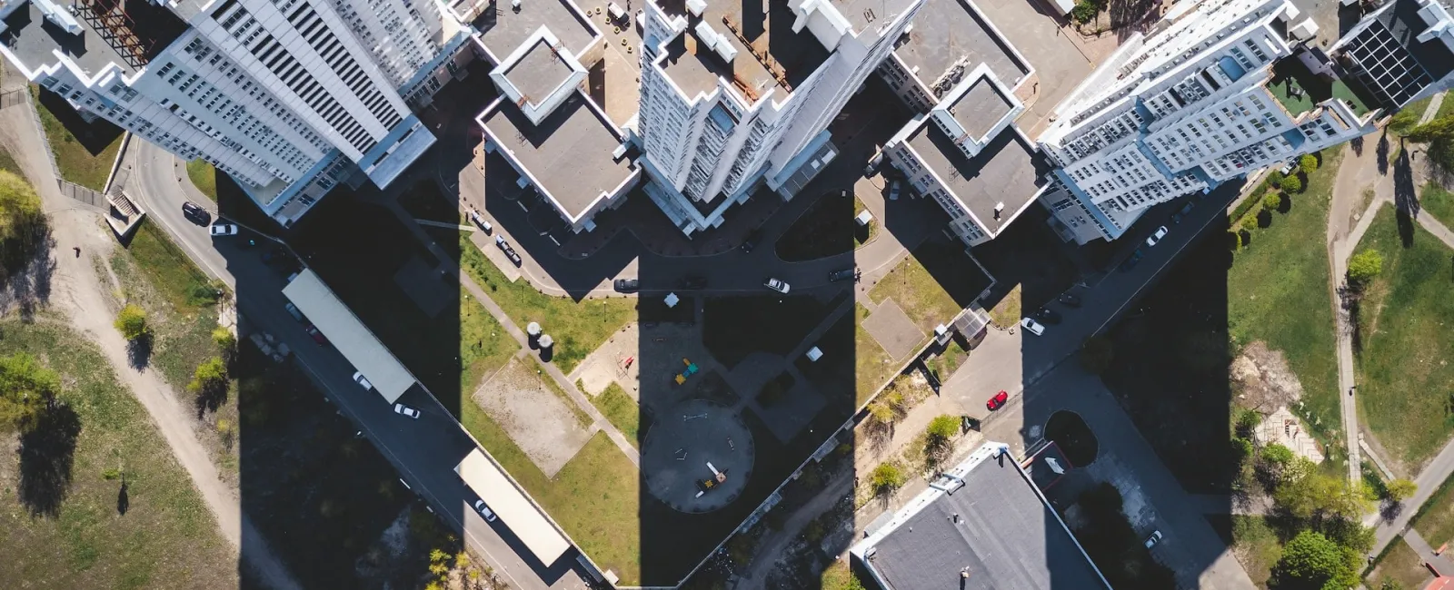 Looking down between high-rise buildings from above