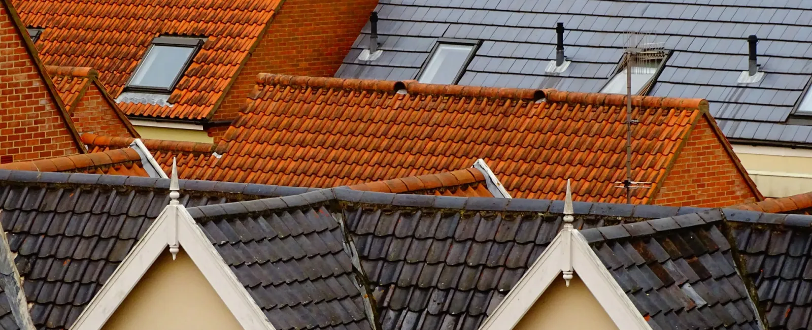 Orange and gray tile roofs with dormers